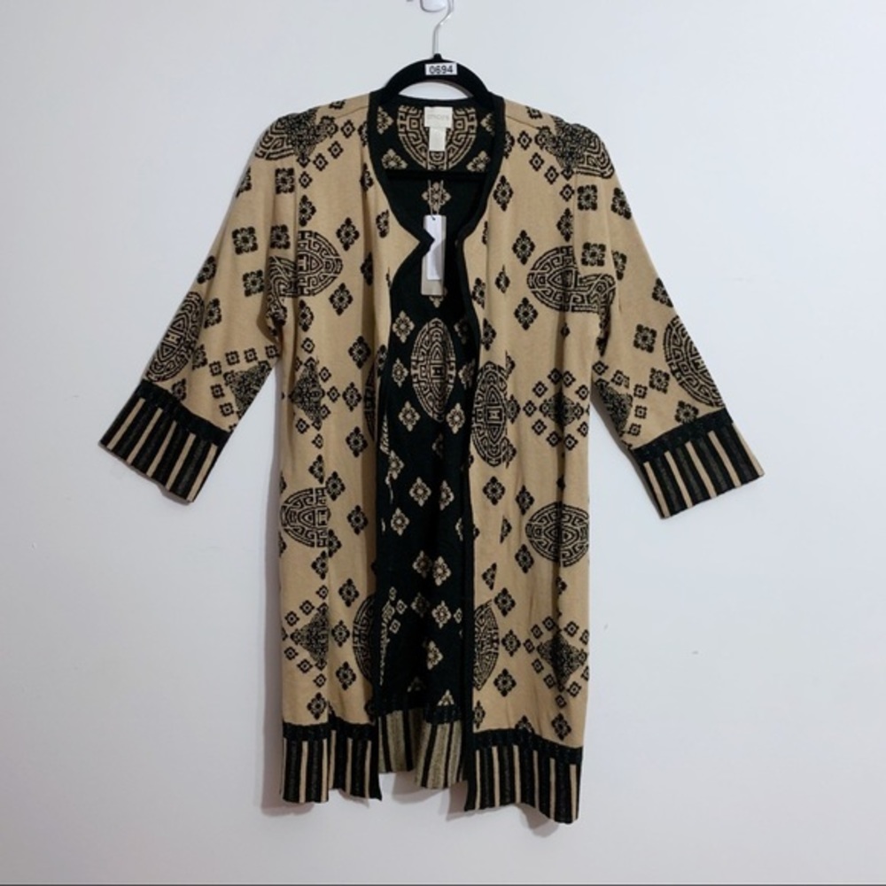 Chico’s Black Tan Geometric Open Front Cardigan NWT Size 0 Small